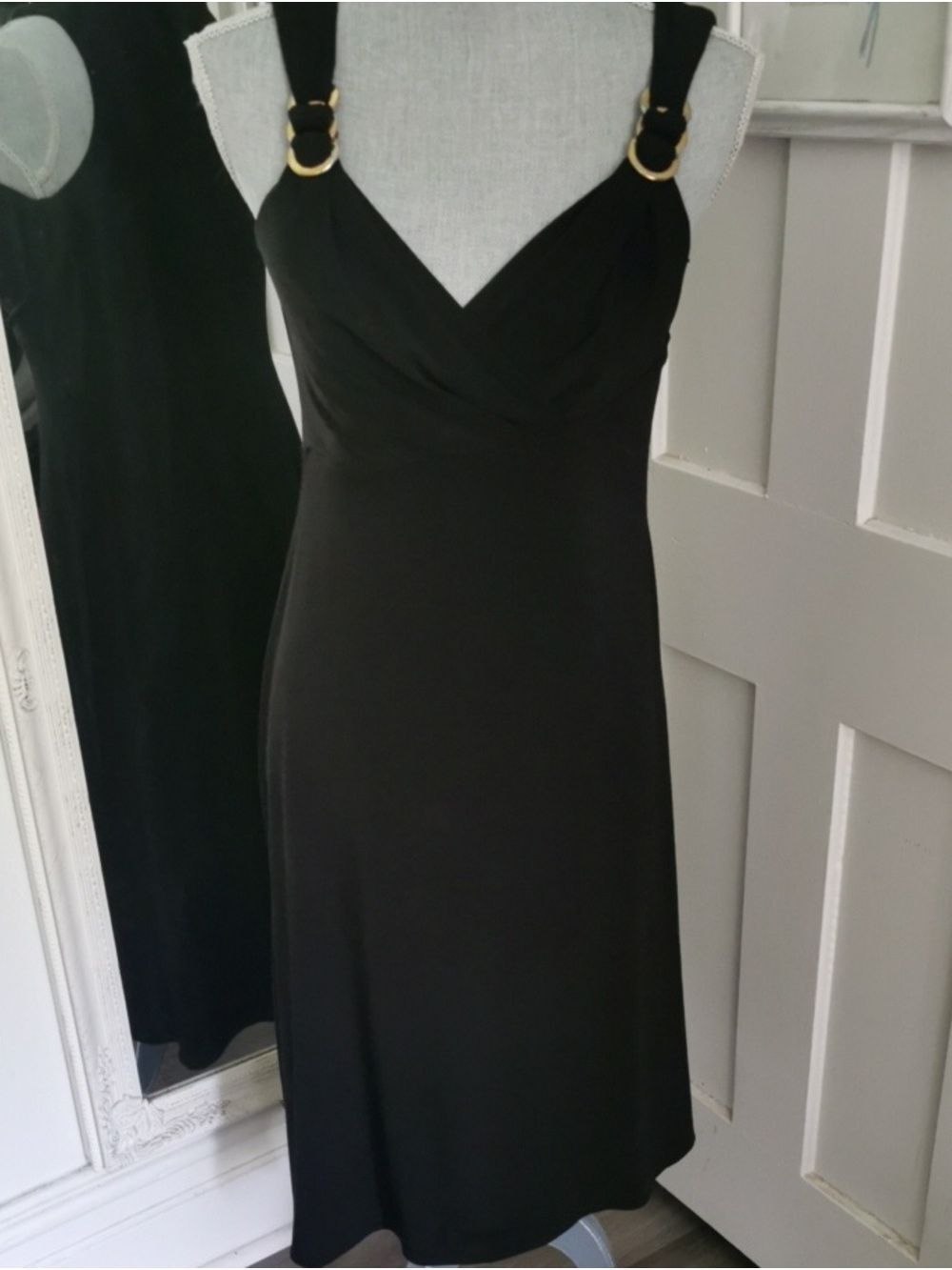 Vintage Donna Ricco Black Midi Cocktail Dress with Gold Ring Straps.